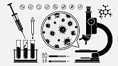 Laboratory equipments and infection testing with virus silhouettes