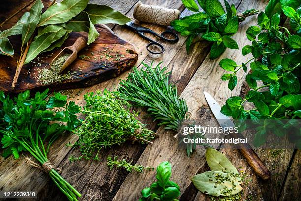 fresh scented organic herbs for cooking shot on rustic kitchen table - fitoterapia imagens e fotografias de stock