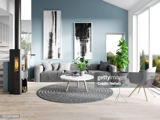 modern living room - wooden railing stock pictures, royalty-free photos & images