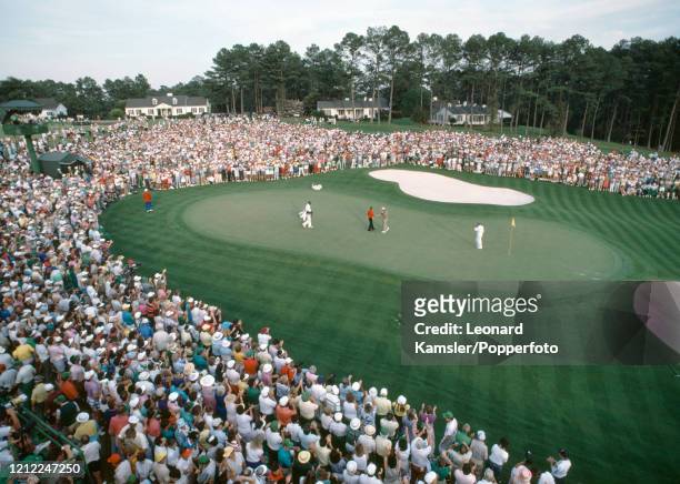 American golfer Sandy Lyle is congratulated after winning the US Masters Golf Tournament at the Augusta National Golf Club in Georgia with a birdie...