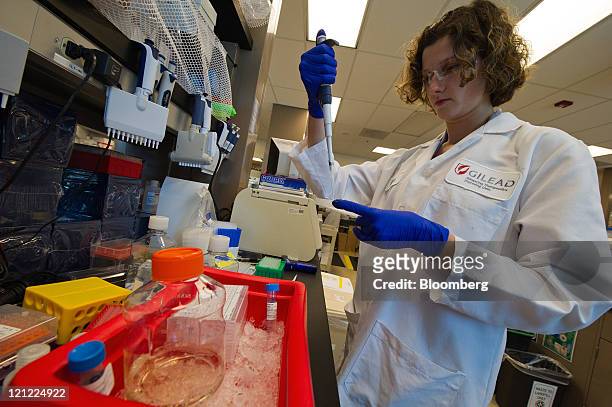 Maria Kovalenko, a scientist at Gilead Sciences Inc., analyzes patient antibody levels at the Gilead laboratory in Foster City, California, U.S., on...