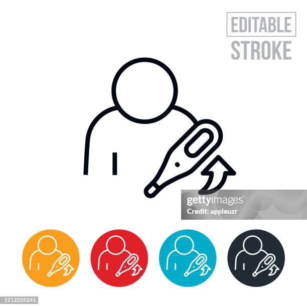 stockillustraties, clipart, cartoons en iconen met persoon met fever thin line-pictogram - bewerkbare beroerte - verkoudheidsvirus