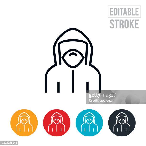 ilustrações de stock, clip art, desenhos animados e ícones de person in hazmat suit thin line icon - editable stroke - macacão de limpeza