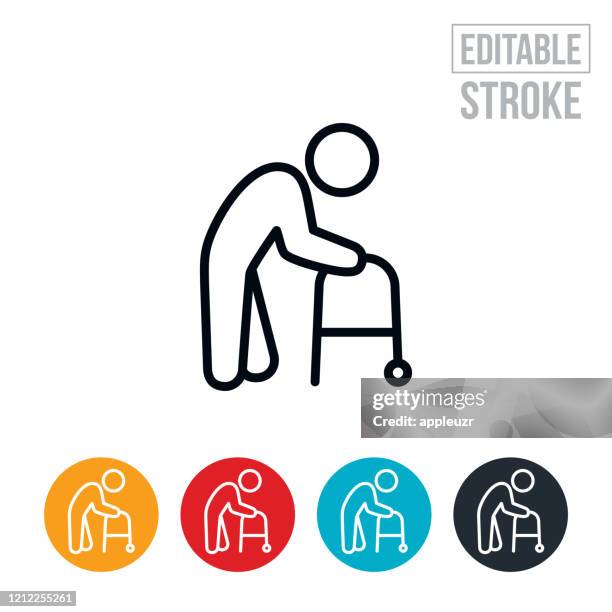 älterer mann mit walker thin line icon - editierbarer strich - ein mann allein stock-grafiken, -clipart, -cartoons und -symbole