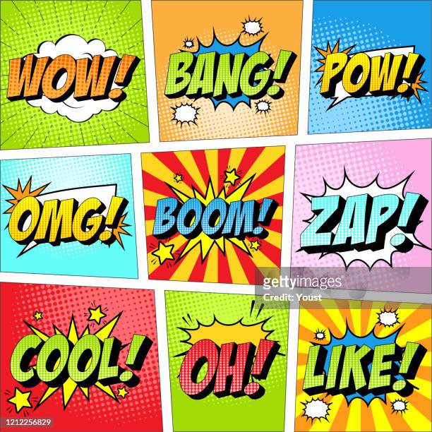 ilustraciones, imágenes clip art, dibujos animados e iconos de stock de colorido conjunto de icono cómico en estilo pop art. wow, bang, pow, omg, boom, zap, cool, oh, like. - humor