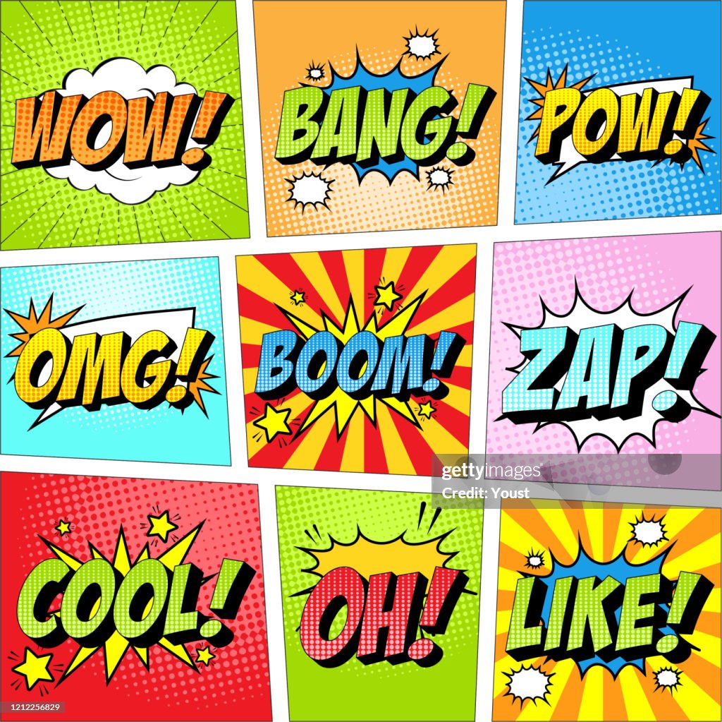 Färgstark uppsättning komiska ikonen i popkonst stil. Wow, Bang, Pow, Omg, Boom, Zap, Cool, Åh, liksom.