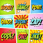 Colorful set of comic icon in pop art style. Wow, Bang, Pow, Omg, Boom, Zap, Cool, Oh, Like.