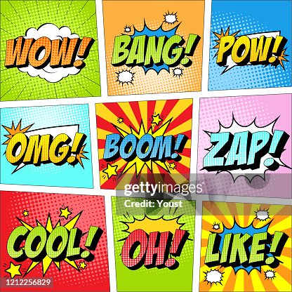 Colorful set of comic icon in pop art style. Wow, Bang, Pow, Omg, Boom, Zap, Cool, Oh, Like. Colorful set of comic icon in pop art style. Wow, Bang, Pow, Omg, Boom, Zap, Cool, Oh, Like.
