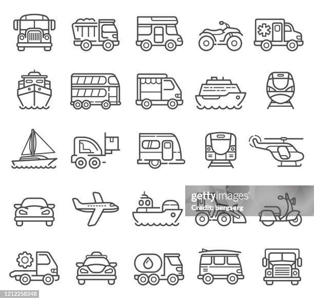 ilustrações de stock, clip art, desenhos animados e ícones de transportation line icons with bus, car repairing, cargo, train, delivering, travel and navigation sign - fuel station