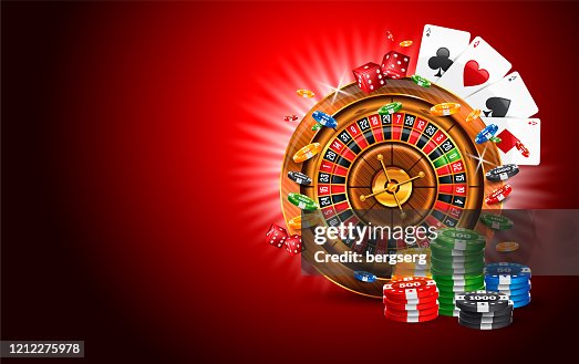 Jackpot Casino Vector Illustration with Roulette Wheel, Gambling Chips and Coins Jackpot Casino Vector Illustration with Roulette Wheel, Gambling Chips and Coins