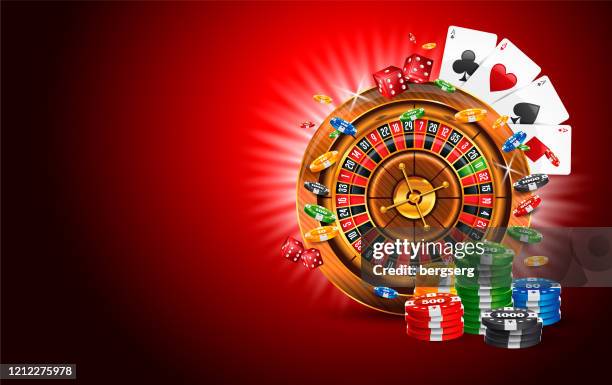 jackpot casino vector illustration with roulette wheel, gambling chips and coins - gambling chip stock illustrations