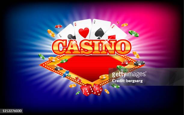 casino vector illustration with red dices, casino sign, playing cards, gambling chips and coins - casino sign stock illustrations