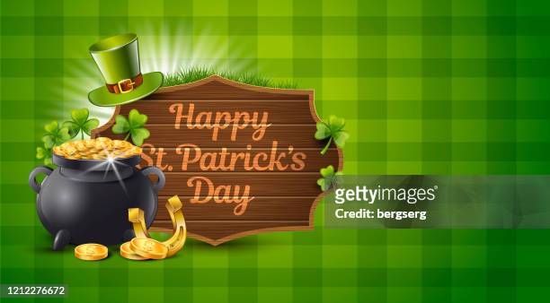 st. patrick day green background. vector illustration with pot of gold, coins and money sign - st patricks day stock illustrations