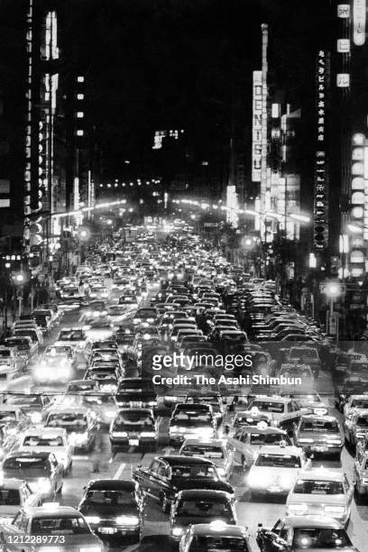 Taxis in the Ginza District of Tokyo, Japan, during the oil crisis of 1973-74, November 22, 1973.
