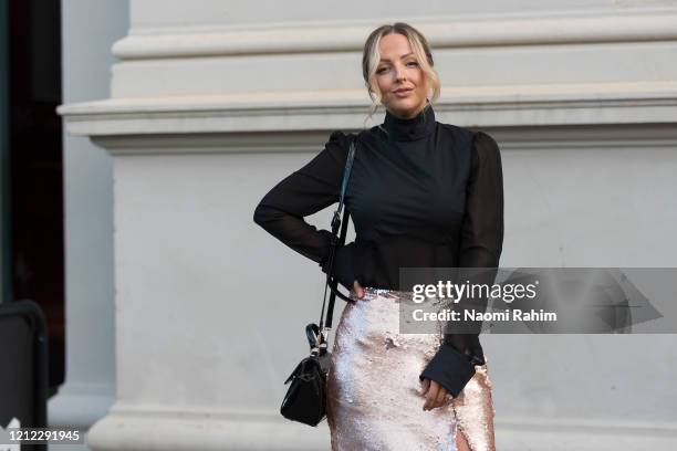 Rachel de Oliveira wears a Cazinc outfit ahead of Runway 1 at Melbourne Fashion Festival on March 11, 2020 in Melbourne, Australia.