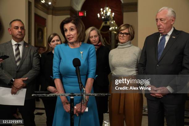 Speaker of the House Rep. Nancy Pelosi speaks to members of the media as Rep. Gil Cisneros , Rep. Lizzie Fletcher , Rep. Abigail Spanberger , Rep....