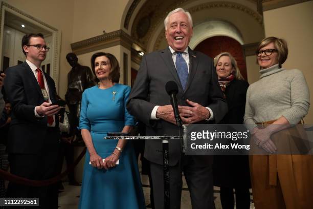 House Majority Leader Rep. Steny Hoyer speaks to members of the media as Speaker of the House Rep. Nancy Pelosi , Rep. Abigail Spanberger and Rep....
