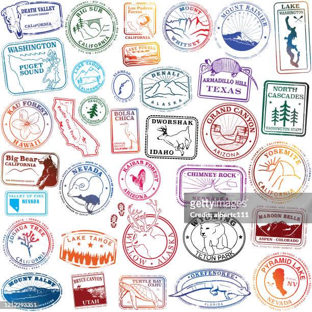 stockillustraties, clipart, cartoons en iconen met verenigde staten natural landmark postzegels - alaska location