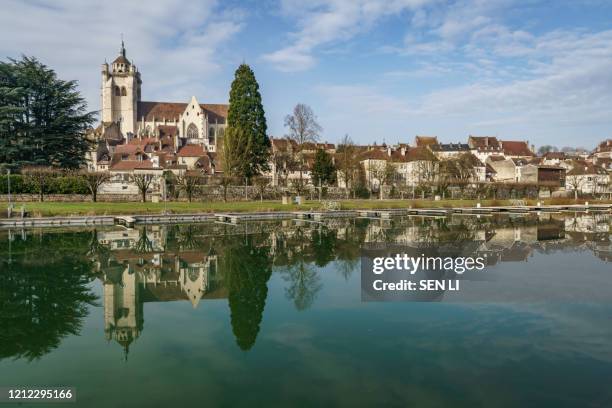 ancient french classic medieval town with river in front, dole, burgundy, france - doubs foto e immagini stock