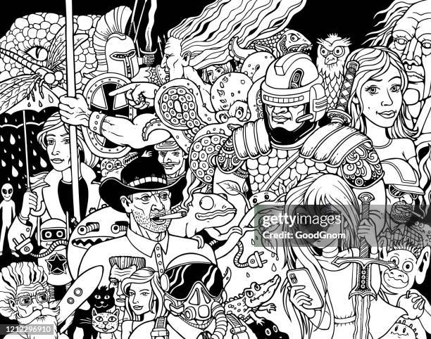 handgezeichnete doodles - cowboy cartoon characters stock-grafiken, -clipart, -cartoons und -symbole