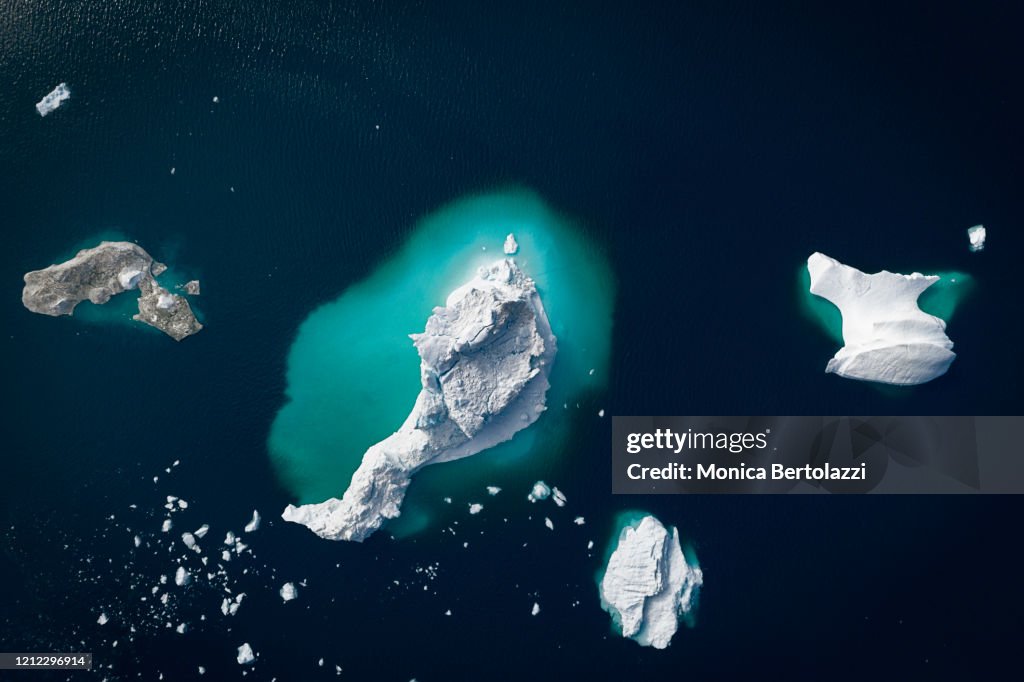 Aerial view of gigantic icebergs