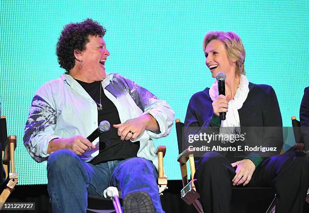 Actors Dot Marie Jones and Jane Lynch attend Fox's "Glee" Sing-A-Long event at Santa Monica High School on August 15, 2011 in Santa Monica,...