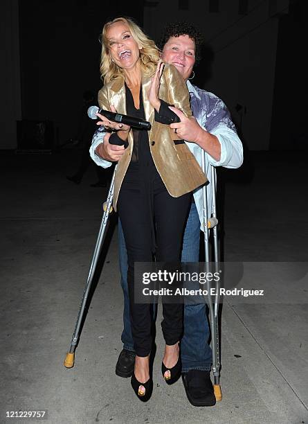 Actors Kristin Chenoweth and Dot Marie Jones attend Fox's "Glee" Sing-A-Long event at Santa Monica High School on August 15, 2011 in Santa Monica,...