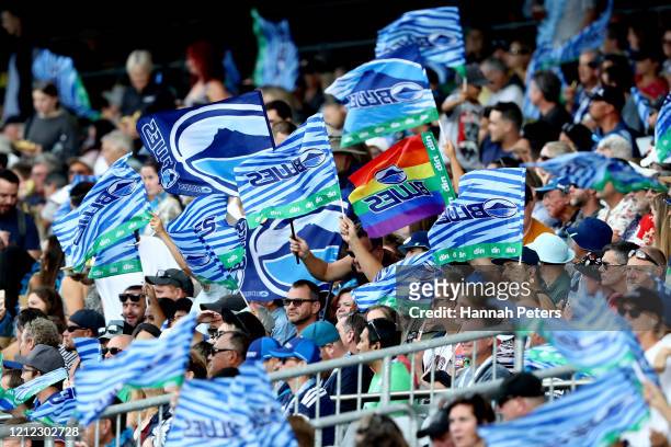 Blues fans show their support during the round seven Super Rugby match between the Blues and the Lions at Eden Park on March 14, 2020 in Auckland,...