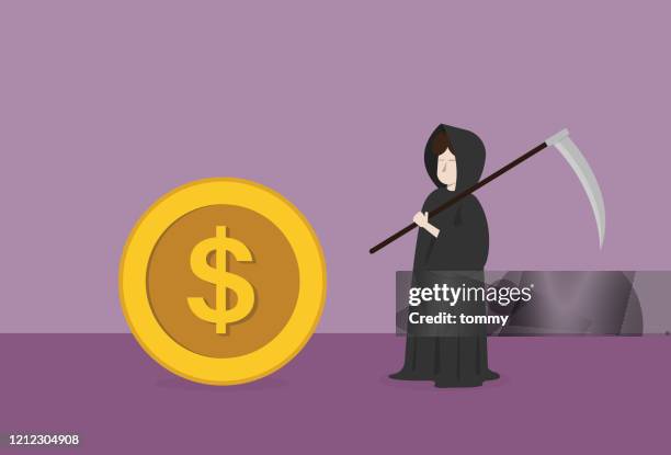 businessman dresses grim reaper costume and us dollar coin - grim reaper stock illustrations