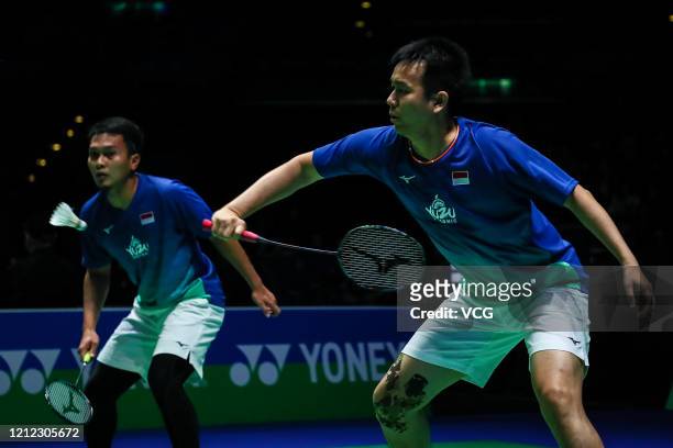 Mohammad Ahsan and Hendra Setiawan of Indonesia compete in the Men's Doubles quarter-final match against Hiroyuki Endo and Yuta Watanabe of Japan on...