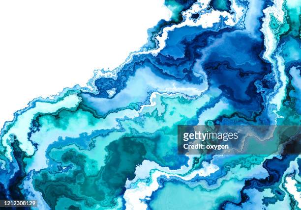 abstract blue green marbled background, fluid paint art, wavy wallpaper, marbling texture, blue violet lines, pattern abstract wave texture ebru effect ombre bright gradient - digital composite stock-fotos und bilder