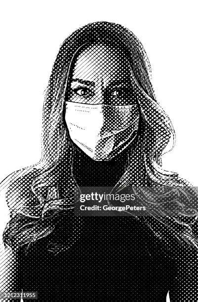 stockillustraties, clipart, cartoons en iconen met bezorgde vrouw die beschermend gezichtsmasker draagt dat hoopt coronavirusziekte te vermijden - one mid adult woman only