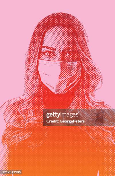 stockillustraties, clipart, cartoons en iconen met bezorgde vrouw die beschermend gezichtsmasker draagt dat hoopt coronavirusziekte te vermijden - one mid adult woman only