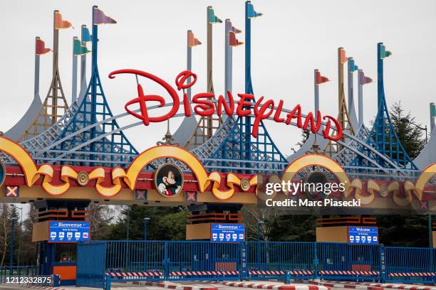 General view at the main entrance of Disneyland Paris resort and parks as Disneyland Paris joins Disney parks closures amid coronavirus concerns on...