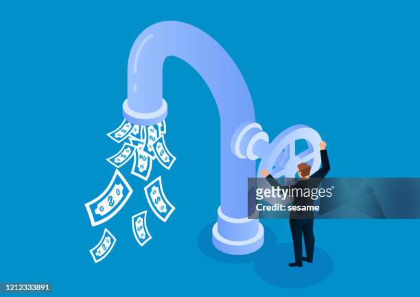 stockillustraties, clipart, cartoons en iconen met de zakenman opent kraanklep om gelduitstroom te controleren - stroom stromend water
