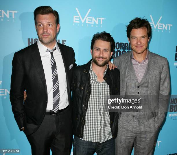 Jason Sudeikis, Charlie Day and Jason Bateman arrive at the premiere of "Horrible Bosses" at Event Cinemas on August 16, 2011 in Sydney, Australia.