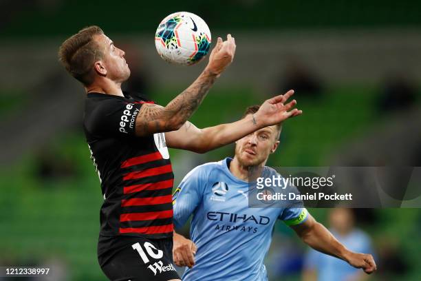 Handball is called on Simon Cox of the Wanderers during the round 23 A-League match between Melbourne City and the Western Sydney Wanderers at AAMI...