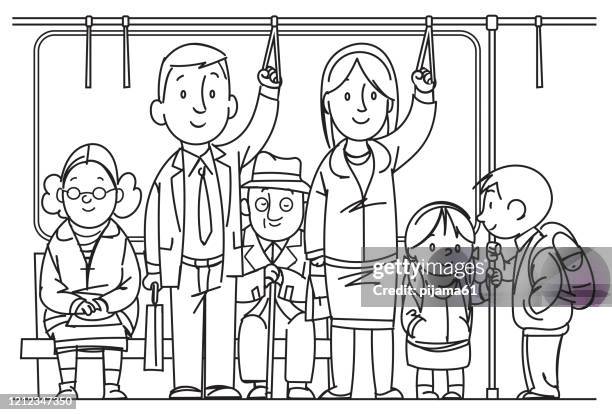 black and white, people go by public transport, metro, bus, train - public transport stock illustrations