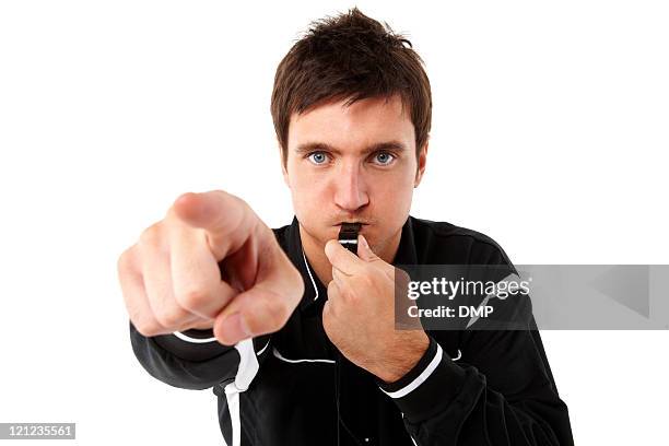 referee blowing his whistle - isolated - referee blowing whistle stock pictures, royalty-free photos & images