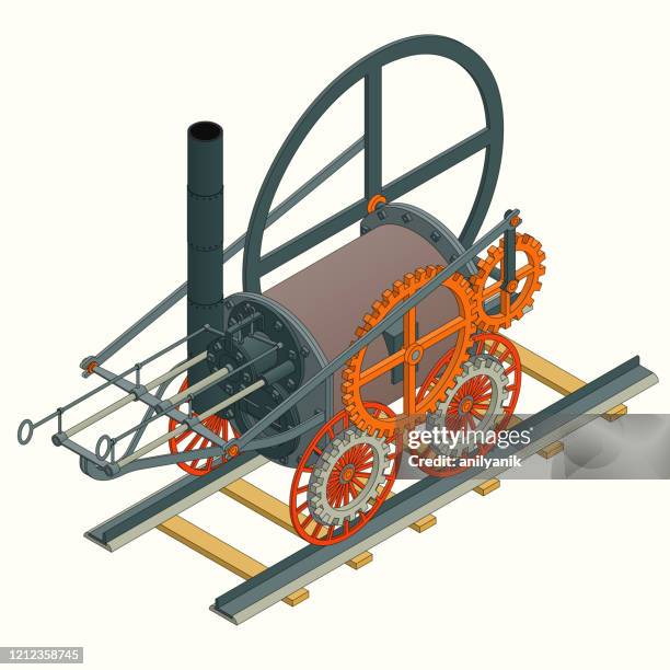 stockillustraties, clipart, cartoons en iconen met trevithick's eerste stoomaangedreven locomotiefmotor 1802 - industrial revolution