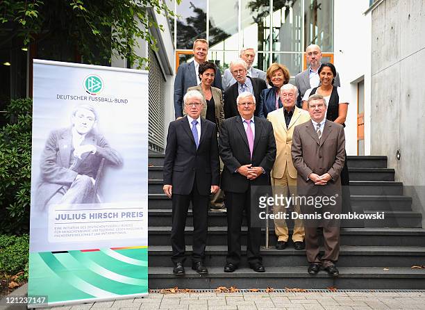 Jury members of the 'Julius Hirsch Award 2011' pose during a conference at the German Football Federation headquarters on August 16, 2011 in...