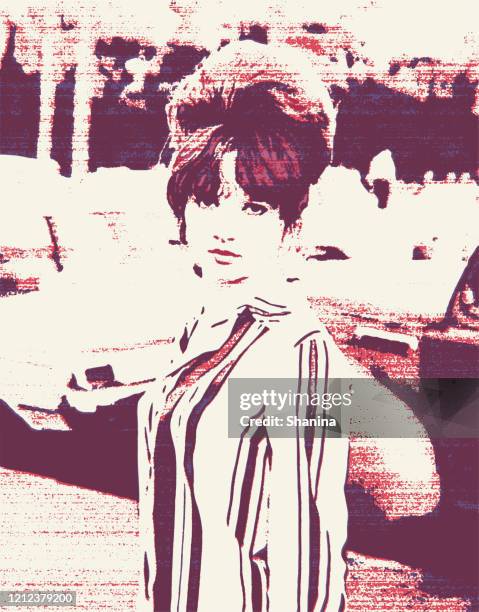 vintage fashionable girl looking at camera - photocopier stock illustrations