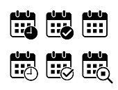 Flat design calendar icon set (Add check mark, clock, magnifying glass)