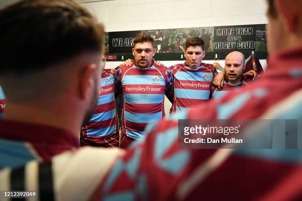 Billy Garrett of OPMs speaks to his team in the changing room prior to the Lockie Cup Semi Final match between Old Plymouthian and Mannameadians and...