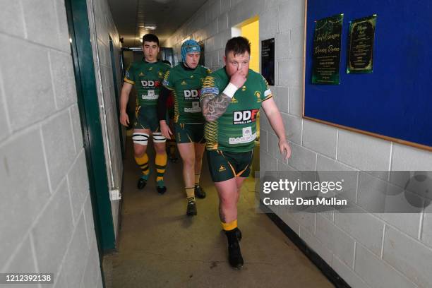 The players from Plymstock Albion Oaks make their way out of the tunnel during the Lockie Cup Semi Final match between Old Plymouthian and...