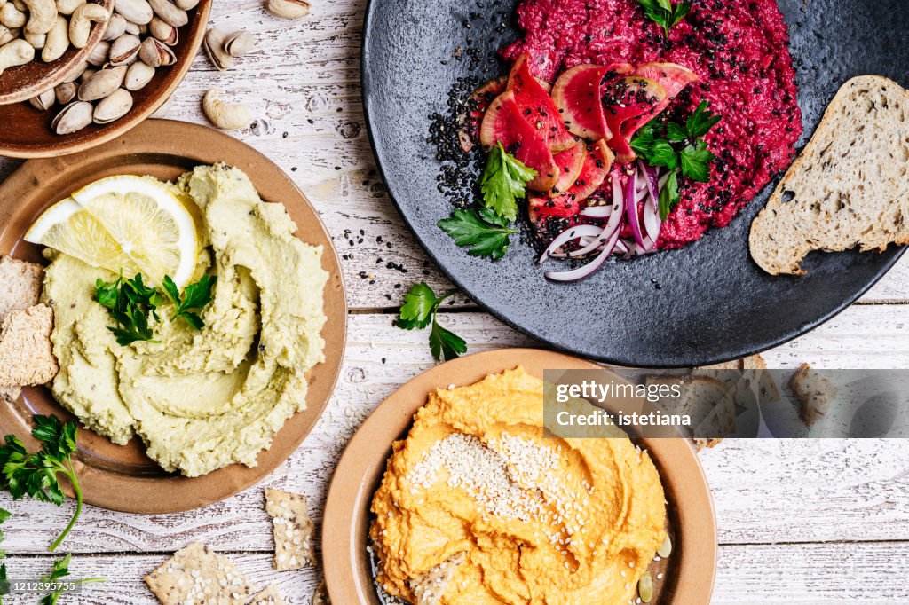Variety of healthy snacks, gourmet dips