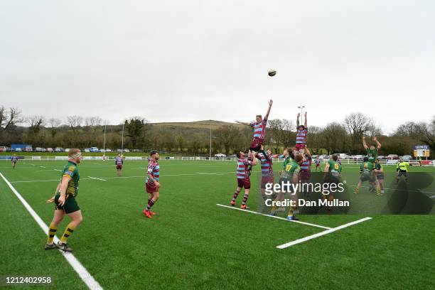 General view as the teams compete at a lineout during the Lockie Cup Semi Final match between Old Plymouthian and Mannameadians and Plymstock Albion...