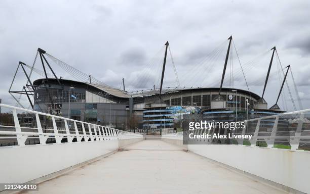General view outside the Etihad Stadium, home of Manchester City F.C, is seen as the scheduled match to be played today between Manchester City and...