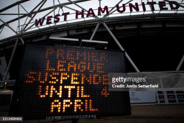 General view of the London Stadium, home of West Ham United as all Premier League matches are postponed until at least April 4th due to the...