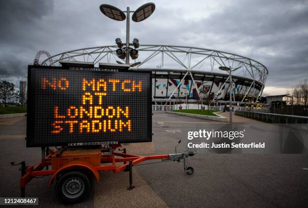 General view of the London Stadium, home of West Ham United as all Premier League matches are postponed until at least April 4th due to the...